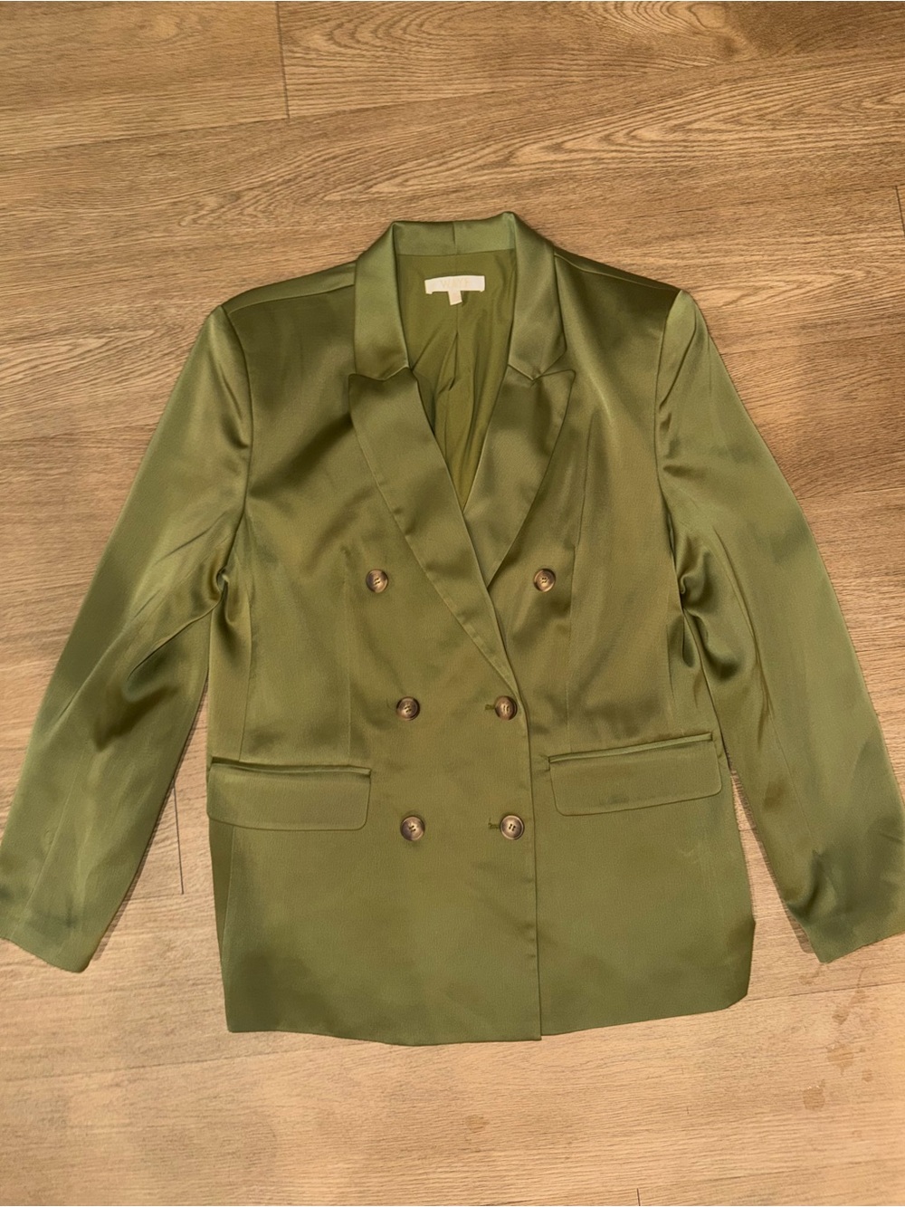 Wayf Olive Green Double-Breasted Satin Blazer